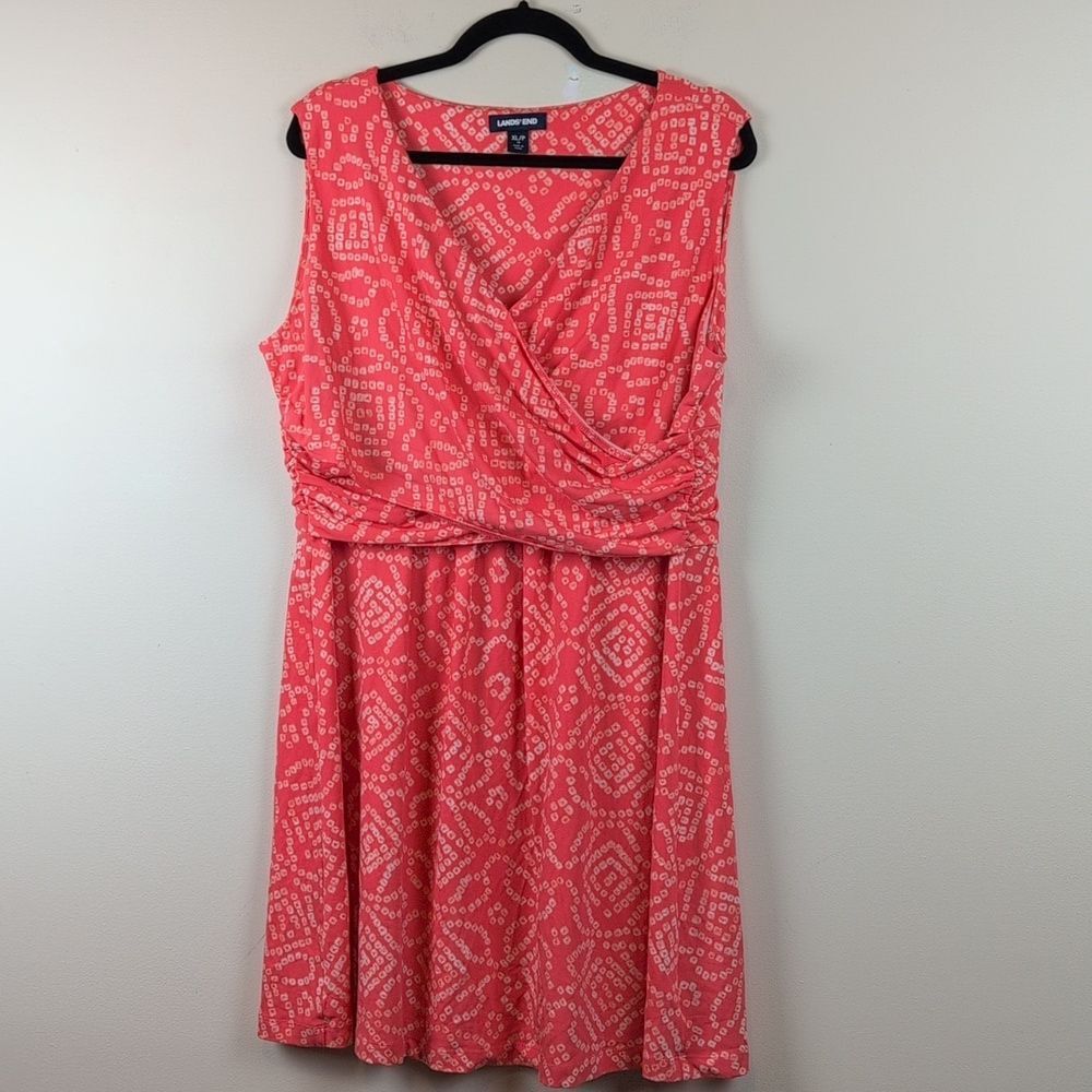 Lands' End Coral Sleeveless Faux Wrap Dress Size XLP Cotton Modal Jersey Knit